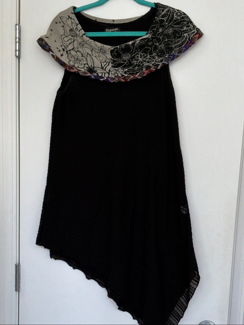 Black Asymmetrical Tunic with Printed Cowl Neck Art to Wear Lee Andersen
